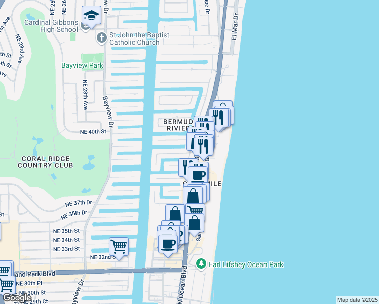 map of restaurants, bars, coffee shops, grocery stores, and more near 4000 Northeast 34th Avenue in Fort Lauderdale