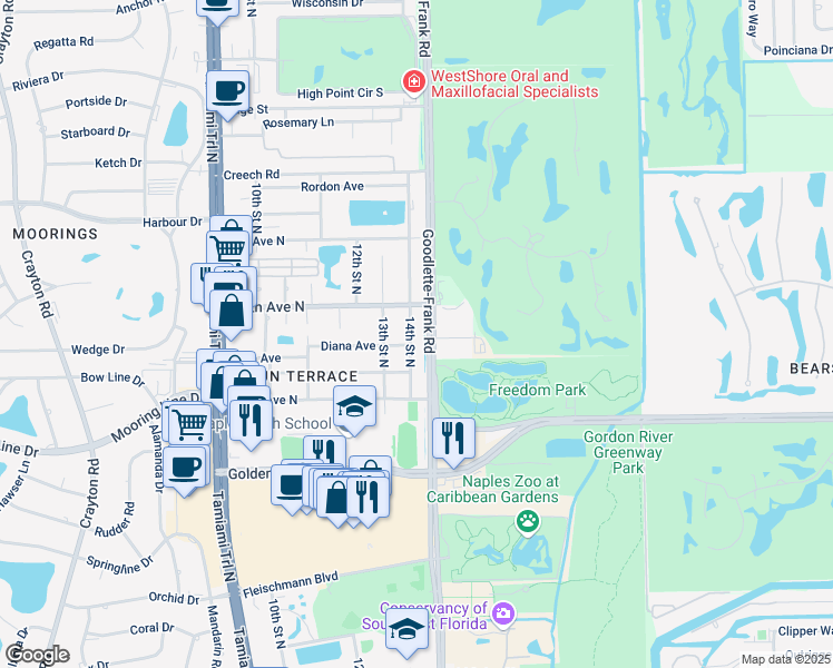 map of restaurants, bars, coffee shops, grocery stores, and more near 2460 14th Street North in Naples