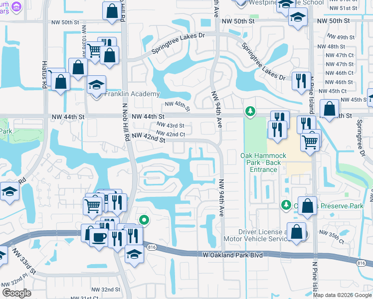 map of restaurants, bars, coffee shops, grocery stores, and more near 4120 Northwest 96th Terrace in Sunrise