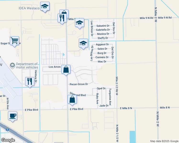 map of restaurants, bars, coffee shops, grocery stores, and more near 3708 Spanish Oak Drive in Weslaco
