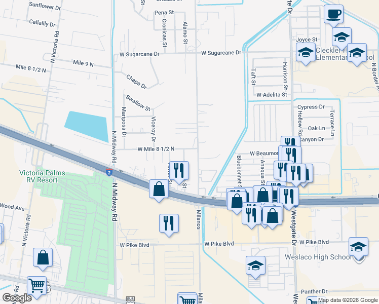 map of restaurants, bars, coffee shops, grocery stores, and more near 1616 Ricardo Street in Weslaco