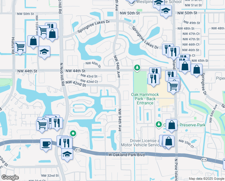 map of restaurants, bars, coffee shops, grocery stores, and more near 9443 Northwest 42nd Street in Sunrise
