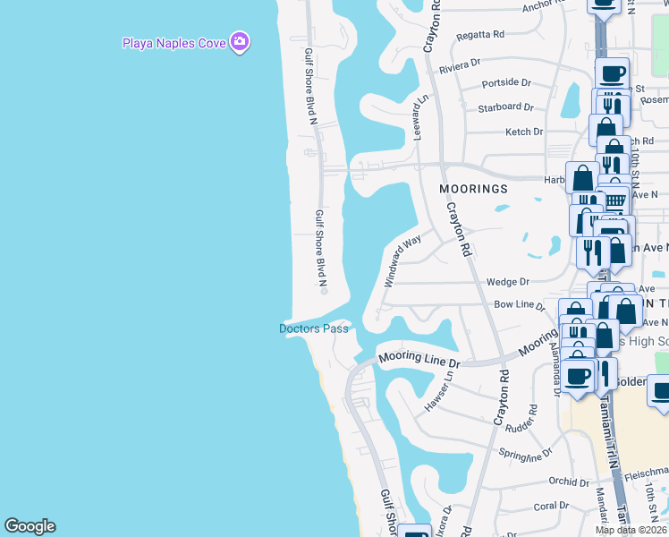 map of restaurants, bars, coffee shops, grocery stores, and more near 2600 Gulf Shore Boulevard North in Naples