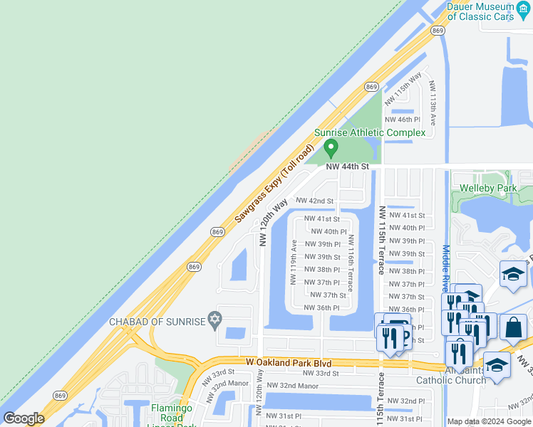 map of restaurants, bars, coffee shops, grocery stores, and more near 12076 Northwest 42nd Street in Sunrise