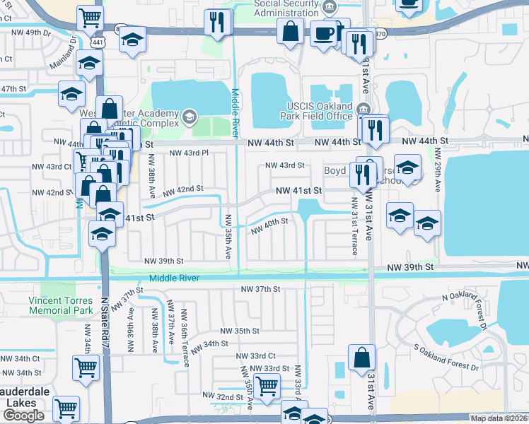 map of restaurants, bars, coffee shops, grocery stores, and more near 3350 Northwest 40th Court in Lauderdale Lakes
