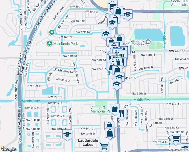 map of restaurants, bars, coffee shops, grocery stores, and more near 4140 Northwest 44th Avenue in Lauderdale Lakes