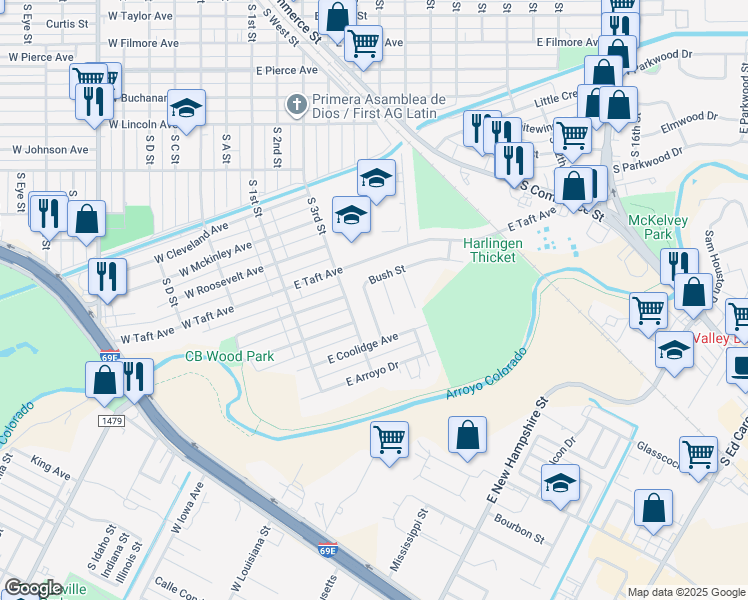 map of restaurants, bars, coffee shops, grocery stores, and more near 1617 Bush St in Harlingen