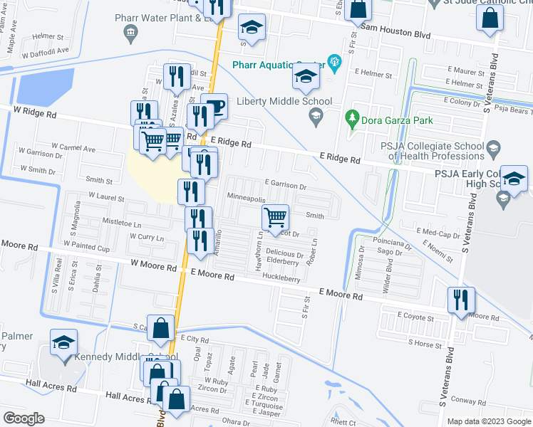 map of restaurants, bars, coffee shops, grocery stores, and more near 1535 South Cage Boulevard in Pharr