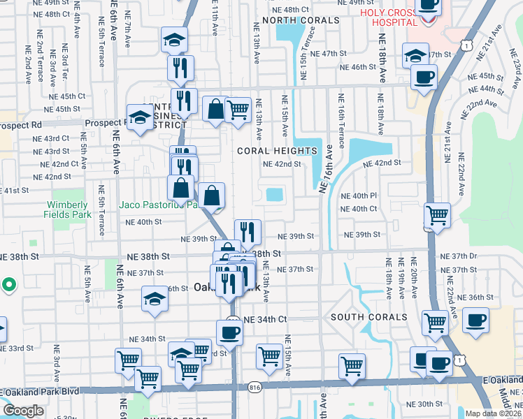 map of restaurants, bars, coffee shops, grocery stores, and more near 1279 Northeast 40th Court in Oakland Park