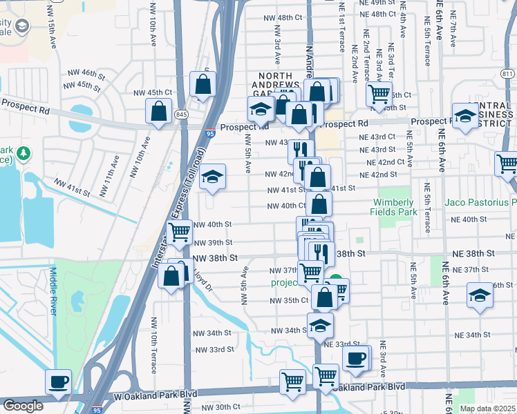map of restaurants, bars, coffee shops, grocery stores, and more near 364 Northwest 40th Court in Oakland Park