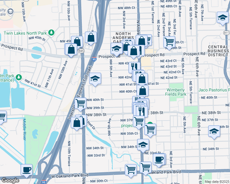 map of restaurants, bars, coffee shops, grocery stores, and more near 4027 Northwest 5th Avenue in Oakland Park