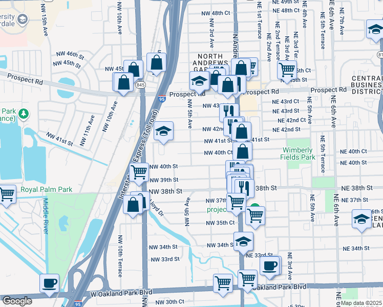 map of restaurants, bars, coffee shops, grocery stores, and more near 4027 Northwest 5th Avenue in Oakland Park