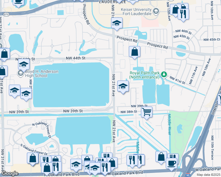 map of restaurants, bars, coffee shops, grocery stores, and more near 111 Lake Emerald Drive in Oakland Park