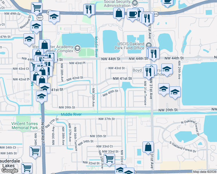 map of restaurants, bars, coffee shops, grocery stores, and more near 3350 Northwest 40th Court in Lauderdale Lakes