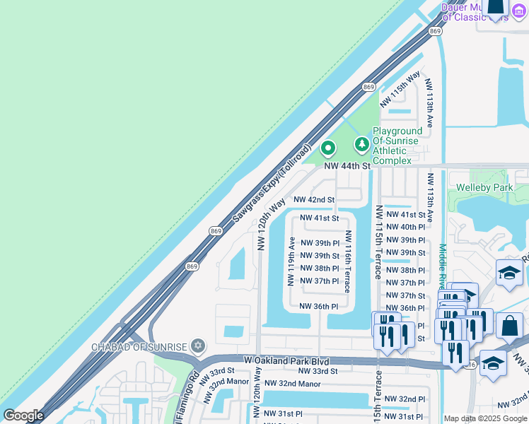 map of restaurants, bars, coffee shops, grocery stores, and more near 12076 Northwest 42nd Street in Sunrise