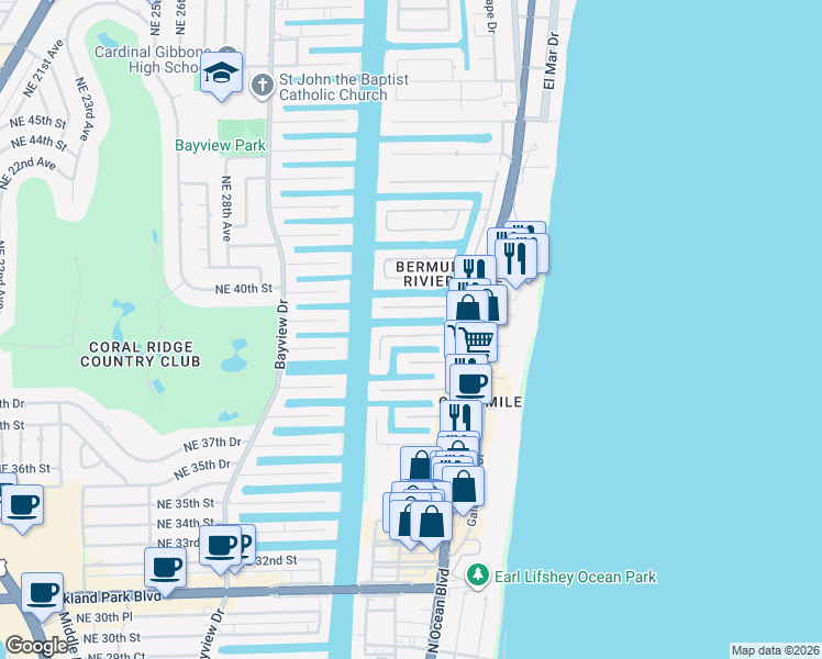 map of restaurants, bars, coffee shops, grocery stores, and more near 3303 Northeast 40th Street in Fort Lauderdale