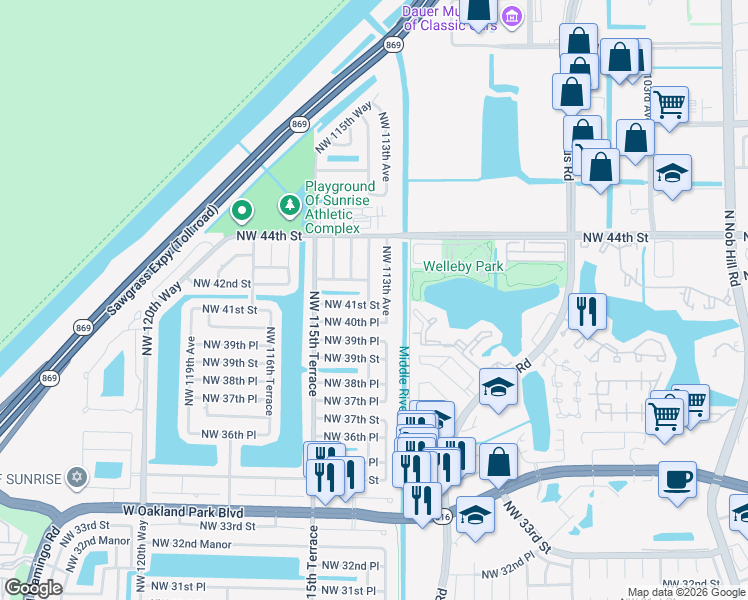 map of restaurants, bars, coffee shops, grocery stores, and more near 4110 Northwest 113th Terrace in Sunrise