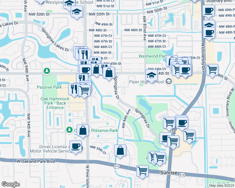 map of restaurants, bars, coffee shops, grocery stores, and more near 4300 Springtree Drive in Sunrise