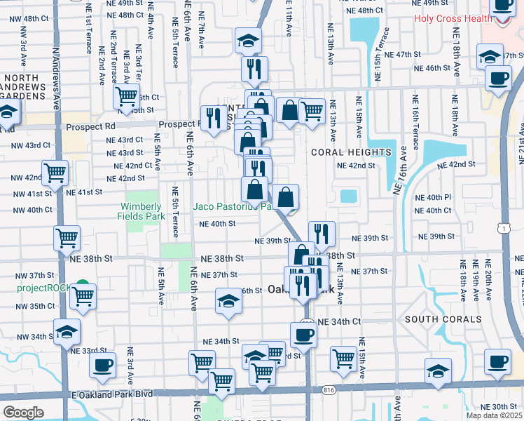 map of restaurants, bars, coffee shops, grocery stores, and more near 4030 Northeast 10th Avenue in Oakland Park