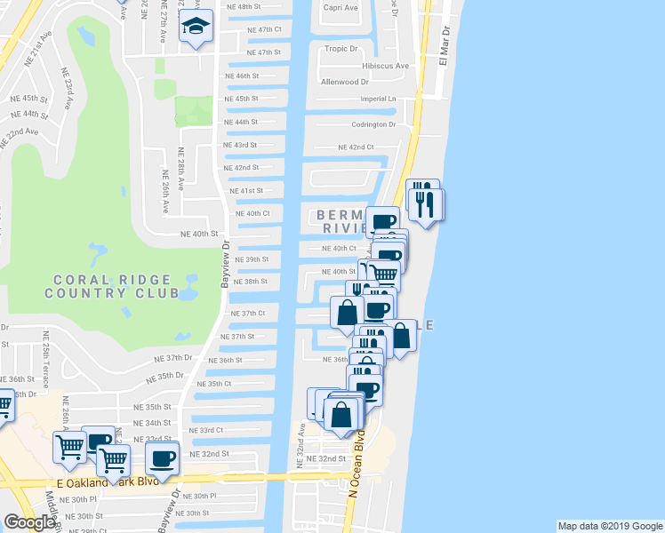 map of restaurants, bars, coffee shops, grocery stores, and more near 3303 Northeast 40th Street in Fort Lauderdale