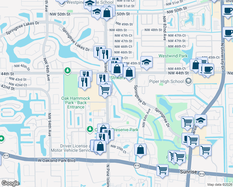 map of restaurants, bars, coffee shops, grocery stores, and more near 4108 North Pine Island Road in Sunrise