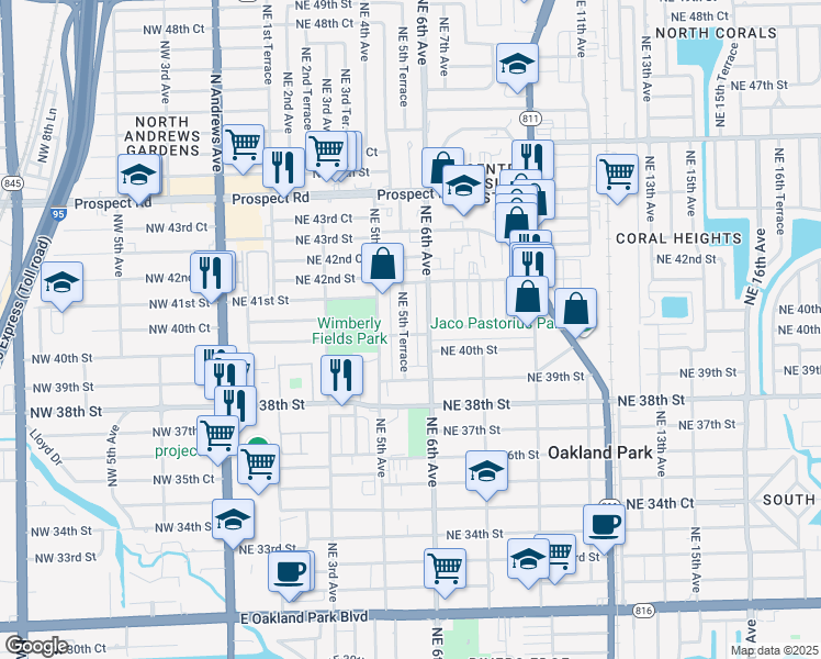 map of restaurants, bars, coffee shops, grocery stores, and more near 4019 Northeast 40th Court in Oakland Park