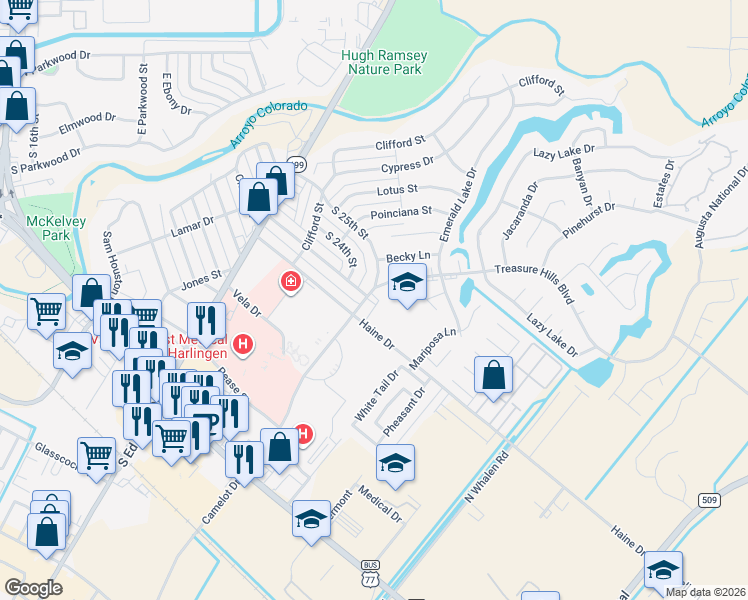 map of restaurants, bars, coffee shops, grocery stores, and more near 2302 Treasure Hills Boulevard in Harlingen
