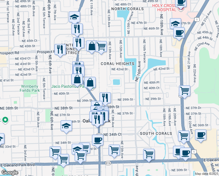 map of restaurants, bars, coffee shops, grocery stores, and more near 1279 Northeast 40th Court in Oakland Park