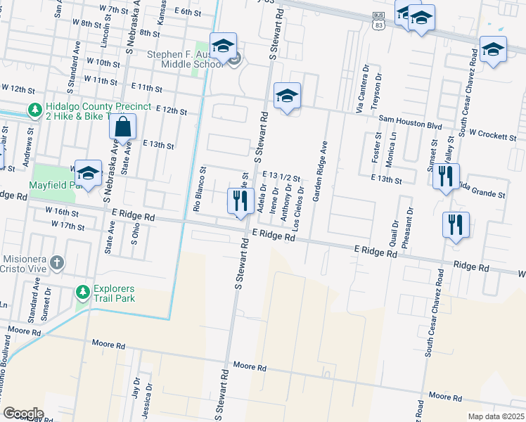 map of restaurants, bars, coffee shops, grocery stores, and more near 1407 Adela Drive in San Juan
