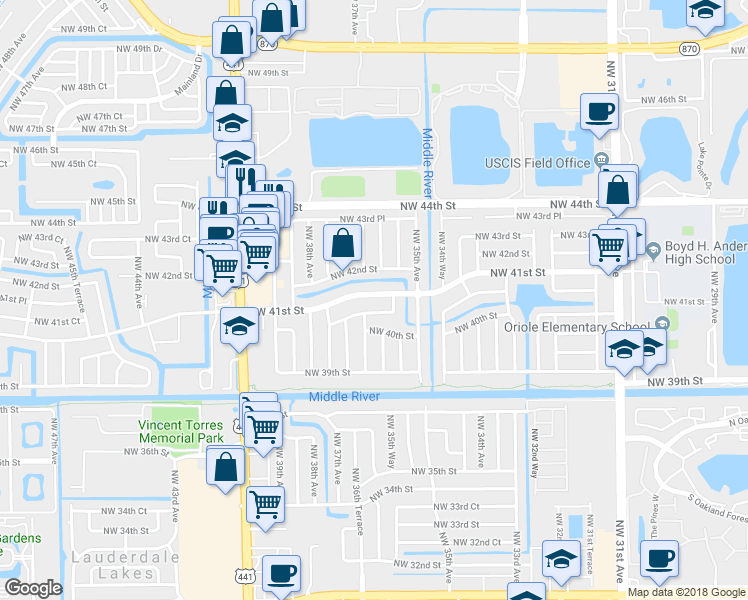 map of restaurants, bars, coffee shops, grocery stores, and more near 3580 Northwest 41st Street in Fort Lauderdale