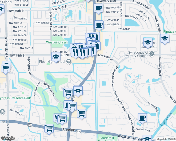map of restaurants, bars, coffee shops, grocery stores, and more near 4255 North University Drive in Sunrise