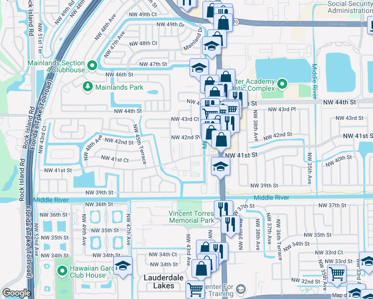 map of restaurants, bars, coffee shops, grocery stores, and more near 4281 Northwest 41st Street in Lauderdale Lakes