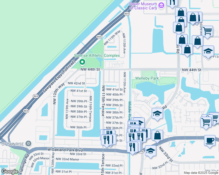 map of restaurants, bars, coffee shops, grocery stores, and more near 11445 Northwest 41st Street in Sunrise