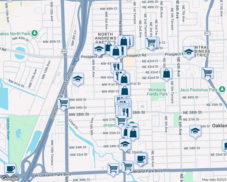 map of restaurants, bars, coffee shops, grocery stores, and more near 146 Northwest 40th Court in Oakland Park