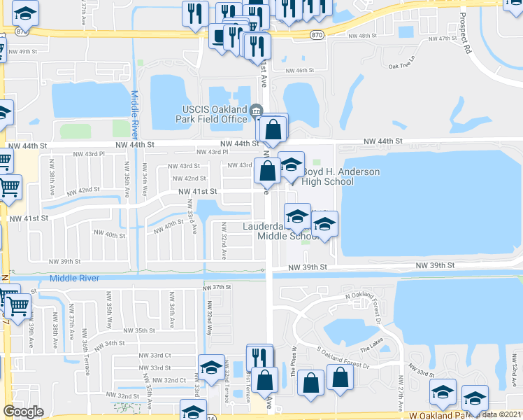 map of restaurants, bars, coffee shops, grocery stores, and more near 4021 Northwest 30th Terrace in Lauderdale Lakes