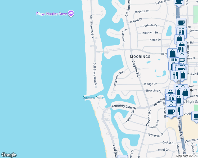 map of restaurants, bars, coffee shops, grocery stores, and more near 2600 Gulf Shore Boulevard North in Naples
