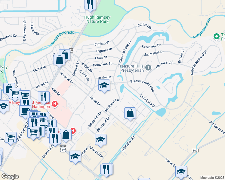 map of restaurants, bars, coffee shops, grocery stores, and more near 2814 Quail Run Street in Harlingen
