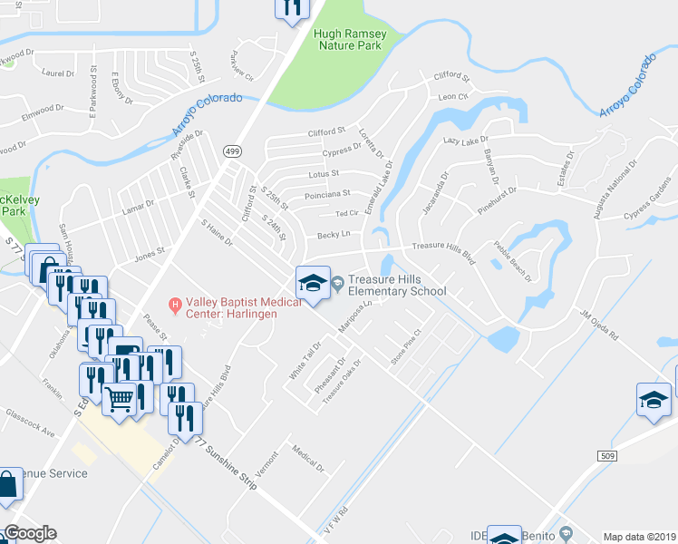 map of restaurants, bars, coffee shops, grocery stores, and more near 2525 Haine Drive in Harlingen