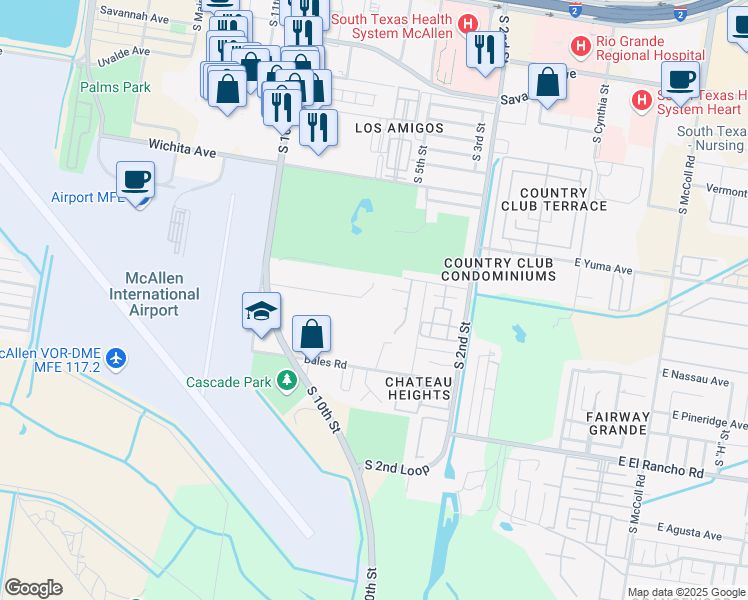 map of restaurants, bars, coffee shops, grocery stores, and more near 600 Sunset Drive in McAllen