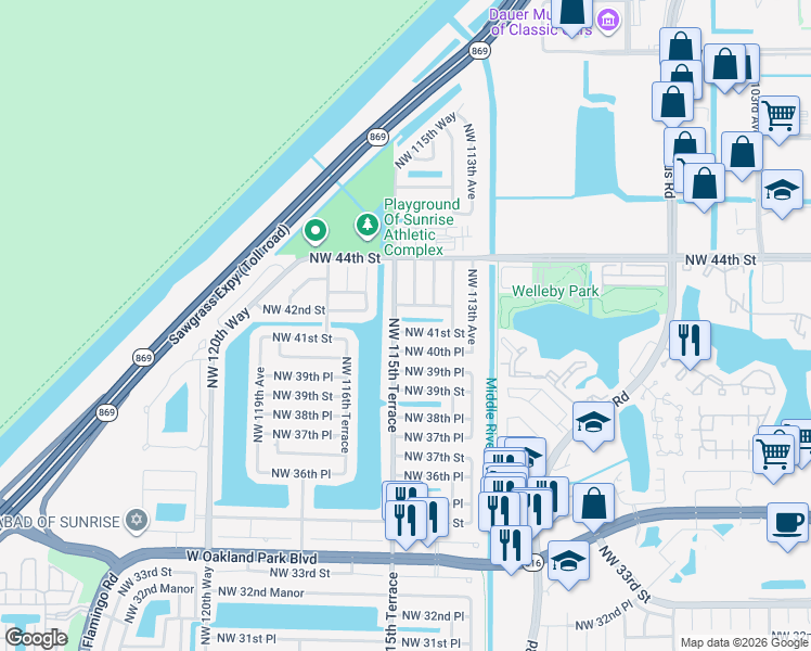 map of restaurants, bars, coffee shops, grocery stores, and more near 11445 Northwest 41st Street in Sunrise
