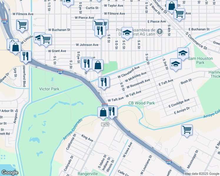 map of restaurants, bars, coffee shops, grocery stores, and more near 617 West Mckinley Avenue in Harlingen