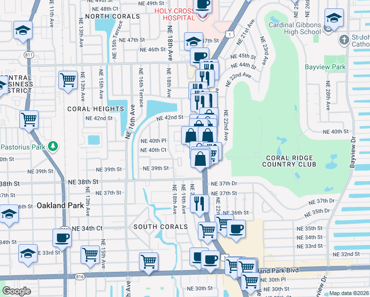 map of restaurants, bars, coffee shops, grocery stores, and more near 1942 Coral Heights Court in Oakland Park