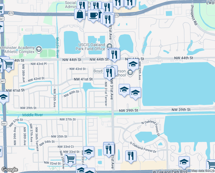 map of restaurants, bars, coffee shops, grocery stores, and more near 3143 Northwest 40th Street in Lauderdale Lakes