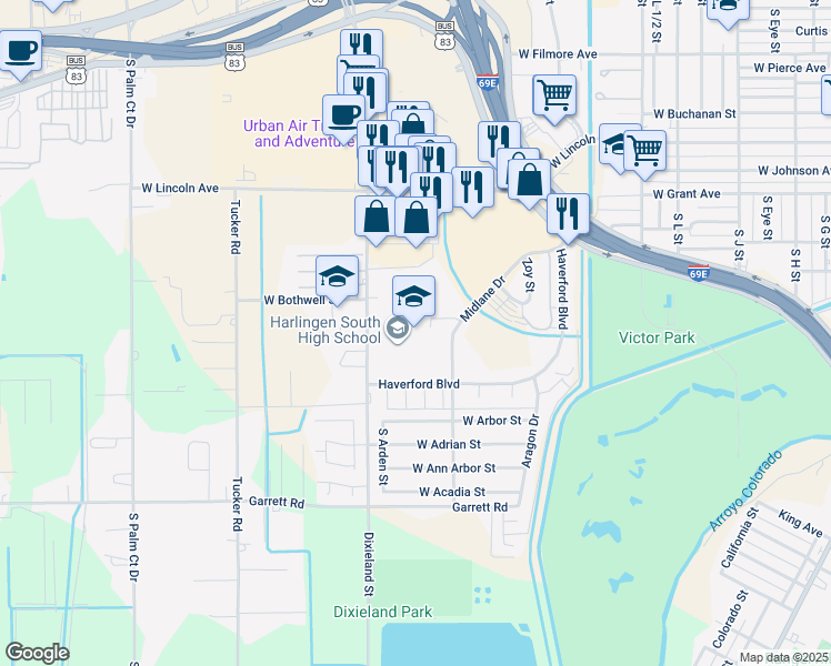 map of restaurants, bars, coffee shops, grocery stores, and more near 1701 Dixieland Road in Harlingen