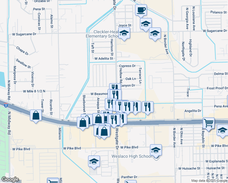 map of restaurants, bars, coffee shops, grocery stores, and more near 1701 North Westgate Drive in Weslaco