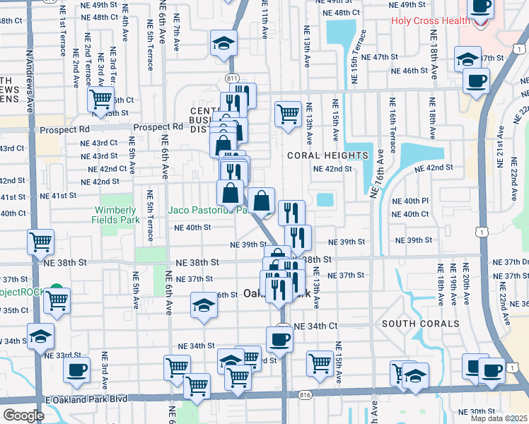 map of restaurants, bars, coffee shops, grocery stores, and more near 1079 Northeast 40th Court in Oakland Park