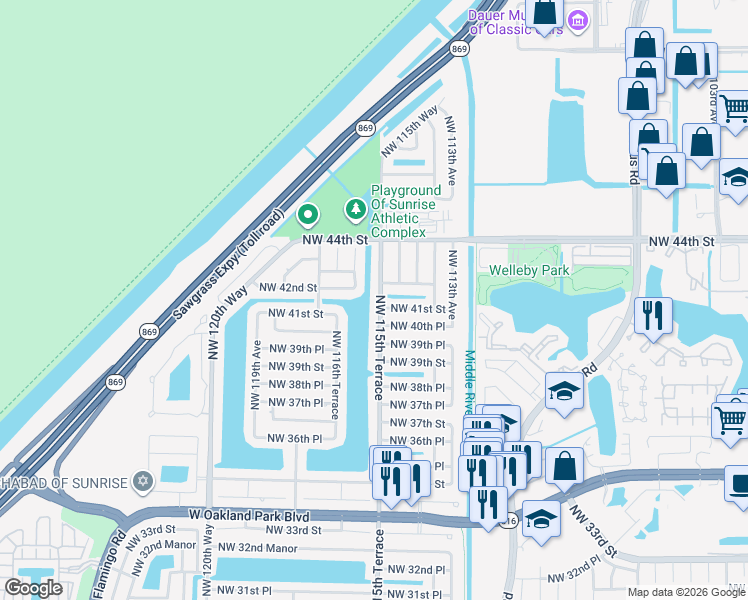 map of restaurants, bars, coffee shops, grocery stores, and more near 4131 Northwest 115th Terrace in Sunrise