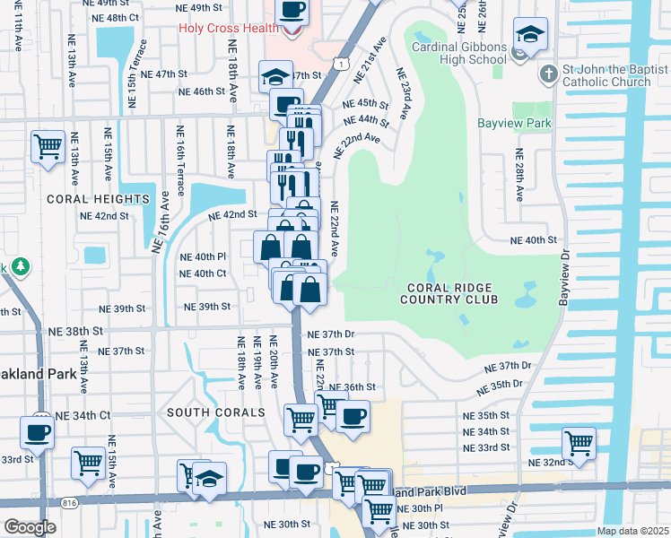 map of restaurants, bars, coffee shops, grocery stores, and more near 2110 Northeast 39th Street in Fort Lauderdale