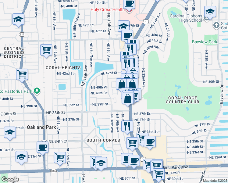 map of restaurants, bars, coffee shops, grocery stores, and more near 3960 Northeast 18th Avenue in Oakland Park