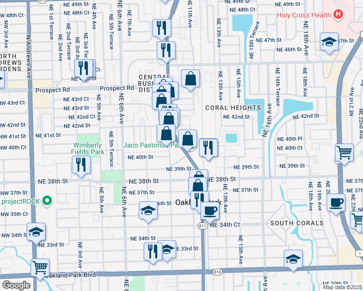 map of restaurants, bars, coffee shops, grocery stores, and more near 1079 Northeast 40th Court in Oakland Park